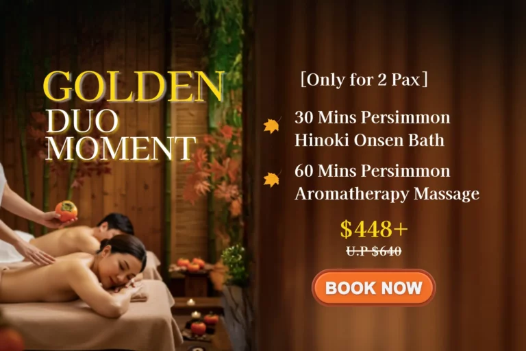 Two people receive massages in a spa room. Text offers a golden duo moment package: onsen bath and aromatherapy massage for two, priced at $448+. Enjoy exclusive Spa Deals in Singapore with this limited-time offer.
