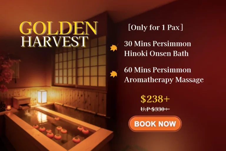 Promotional image for a "Golden Harvest" spa package featuring a persimmon bath, massage details, price of $238+, and a "Book Now" button on a warm, softly lit background—perfect for those seeking spa deals in Singapore.