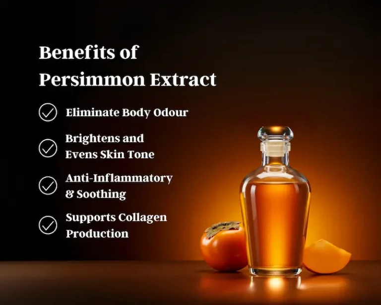 A glass bottle of persimmon extract is displayed next to a whole and sliced persimmon, with a list of its skincare benefits on a dark background—perfect for those seeking Spa Deals in Singapore.