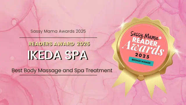 An award graphic announcing Ikeda Spa as the 2025 Sassy Mama Readers Award winner for Best Body Massage and Spa Treatment—celebrating their excellence among top Spa Deals in Singapore.