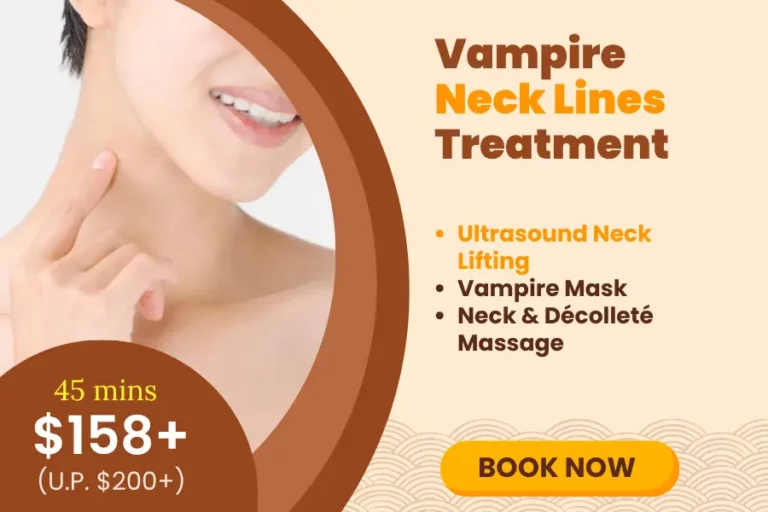 A woman points to her neck next to text promoting a Neck Lines Treatment with ultrasound lifting, vampire mask, and massage for $158+, plus a "Book Now" button.