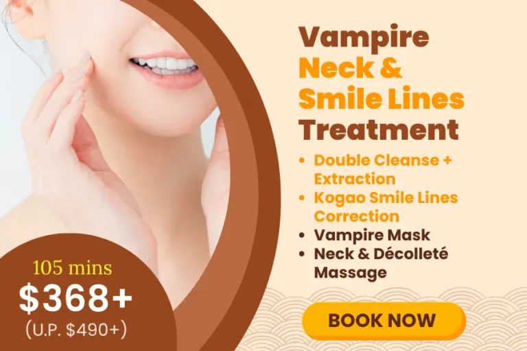 Ad for Vampire Neck & Smile Lines Treatment showing a woman's lower face, neck lines improvement details, price of $368+, and a "Book Now" button.