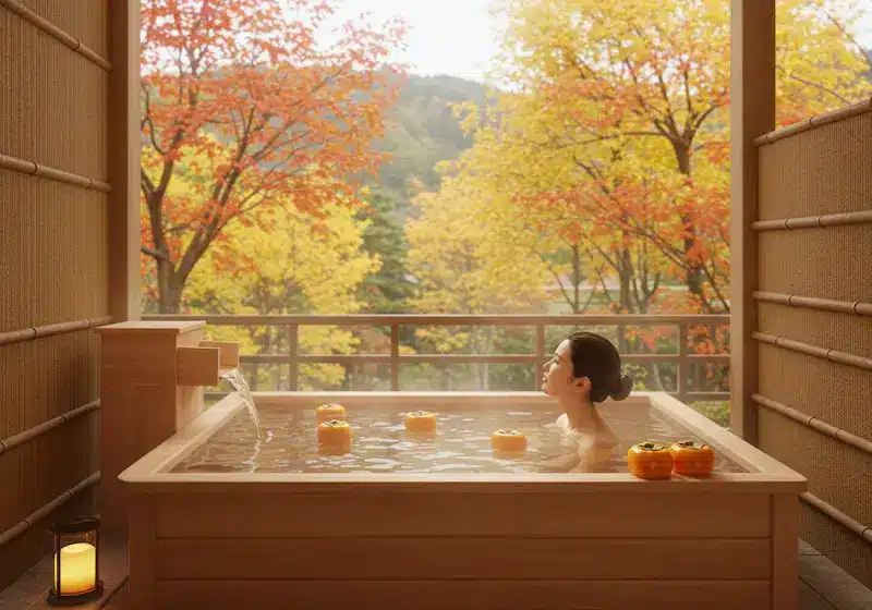 A person relaxes in an outdoor wooden hot tub with floating fruits, surrounded by autumn trees with yellow and orange leaves—an experience reminiscent of the luxurious spa deals in Singapore.