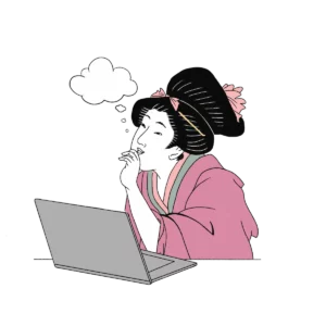 Illustration of a person in traditional Japanese attire sitting at a laptop, with a thought bubble above their head, appearing to be pondering the perfect spa gift.