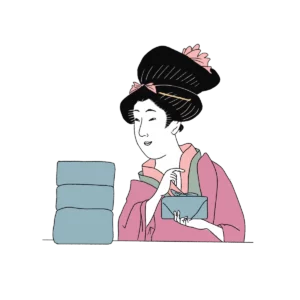 Illustration of a woman in traditional Japanese attire holding a bowl, with three stacked containers beside her—evoking the soothing elegance of a spa gift.