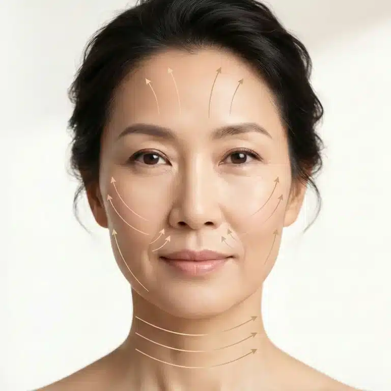 A woman with a neutral expression, marked with drawn arrows on her forehead, cheeks, and neck indicating upward skin movement or lifting facial massage directions.