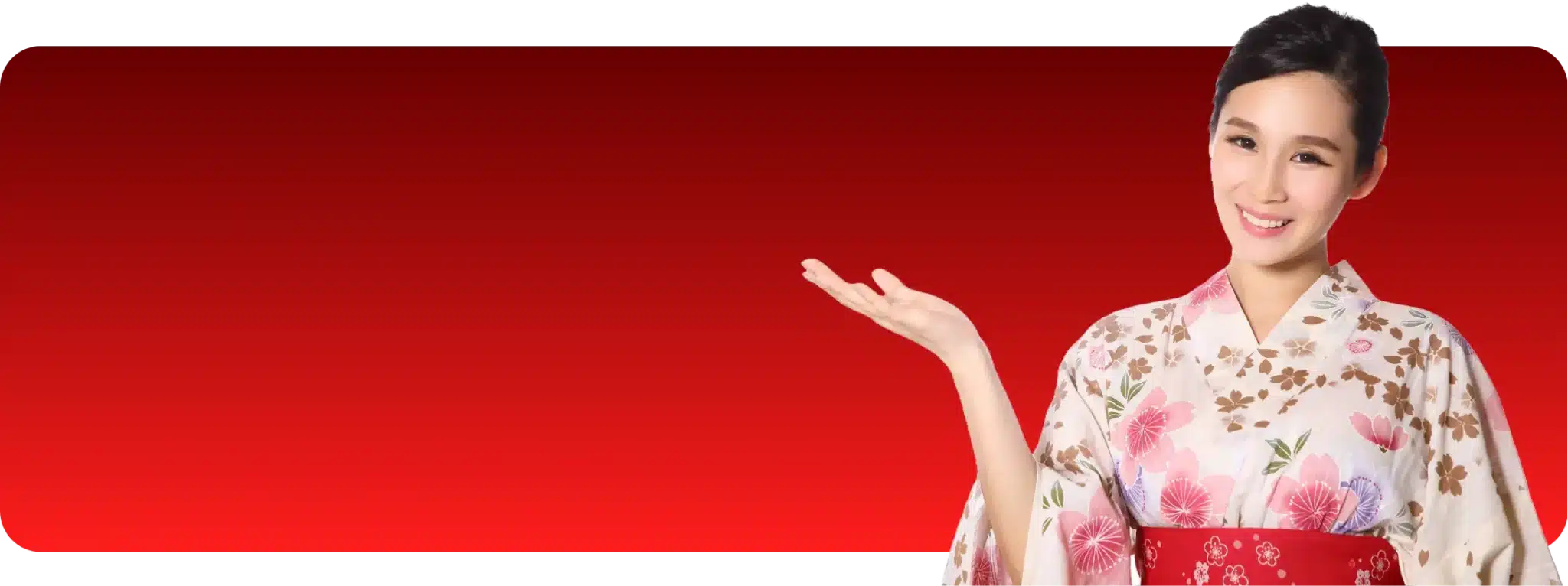 Woman in a floral kimono stands against a red gradient background, smiling and gesturing with her right hand towards the empty space on the left.