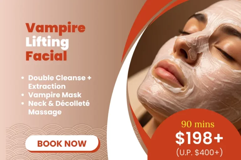 A woman enjoys a lifting facial with a white mask applied, promoting a "Vampire Lifting Facial" for £198+, originally £400+, including cleanse, extraction, mask, and massage.