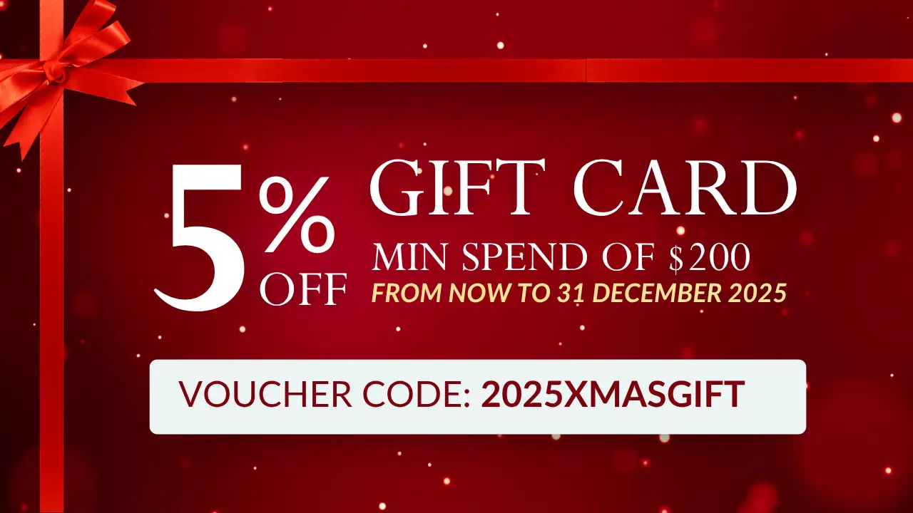Red promotional image offering 5% off Christmas gift cards with a minimum spend of £200 until 31 December 2025. Voucher code: 2025XMASGIFT.