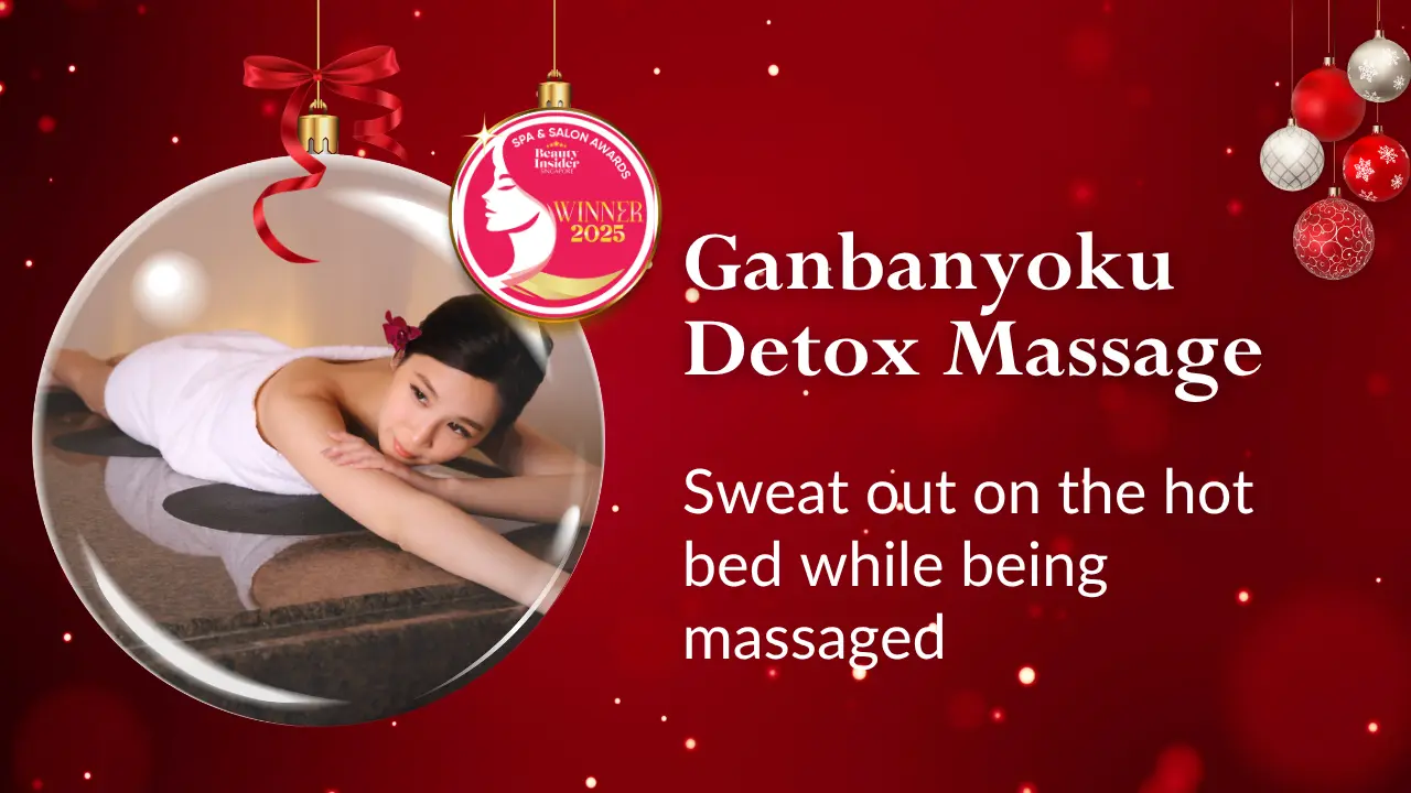 A woman lies on a stone bed for a Ganbanyoku detox massage with text promoting sweating and massage benefits, set against a festive red background with ornaments—perfect inspiration for a Christmas gift card.