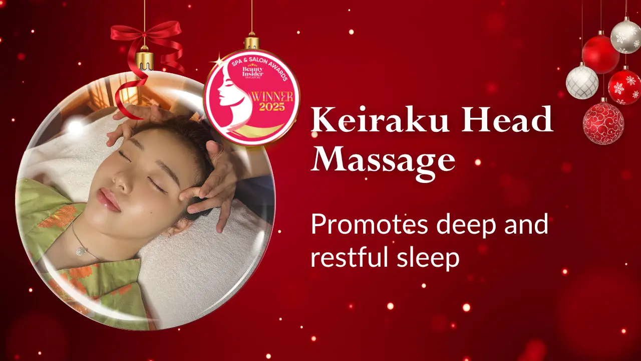A person receives a Keiraku head massage; text states it promotes deep and restful sleep. A 2025 spa award badge and “Christmas gift card” appear on a red festive background.