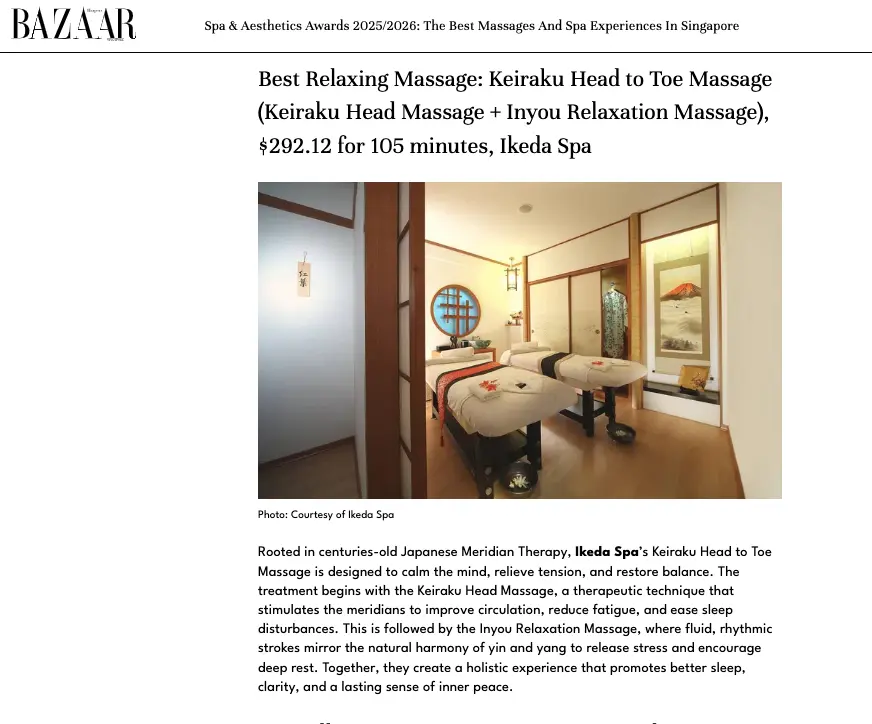 Harper's Bazaar Best Relaxing Massage in Singapore 2025! Press Cover