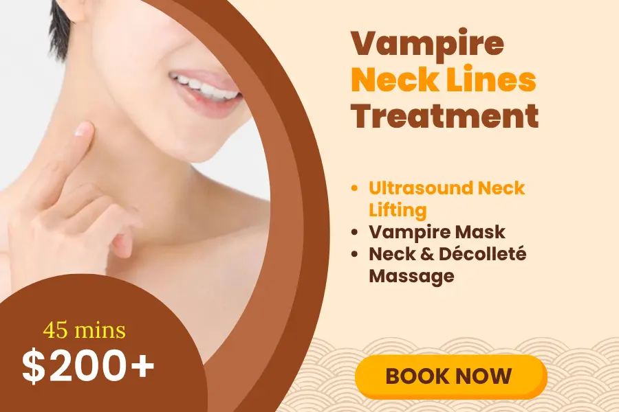 A woman touches her neck next to text promoting "Vampire Neck Lines Treatment", highlighting procedures to smooth neck lines, with pricing starting at £200 for a 45-minute session.