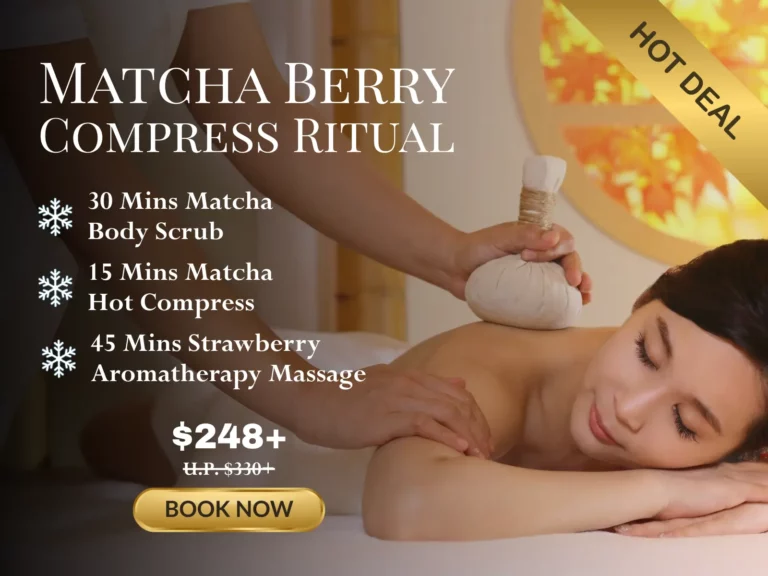 A woman receives a compress massage at a spa. Text advertises a Matcha Berry Compress Ritual bundle with services, pricing, and a "HOT DEAL" banner—perfect for your Christmas spa indulgence.