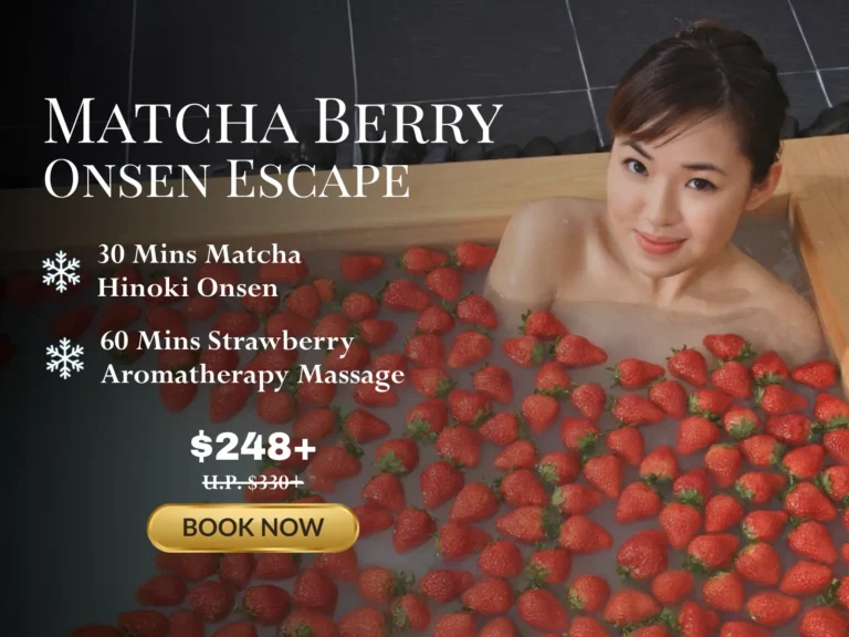 A woman relaxes in a wooden bath filled with water and strawberries. Text highlights a "Matcha Berry Onsen Escape" Christmas spa package with massage for £248, plus a "Book Now" button to reserve your festive retreat.
