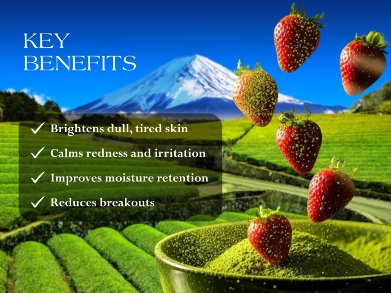 Strawberries tumble into a bowl of green powder before tea fields and a mountain, evoking a Christmas spa retreat. Text highlights skincare benefits: brightening, calming, moisturising, and reducing breakouts.