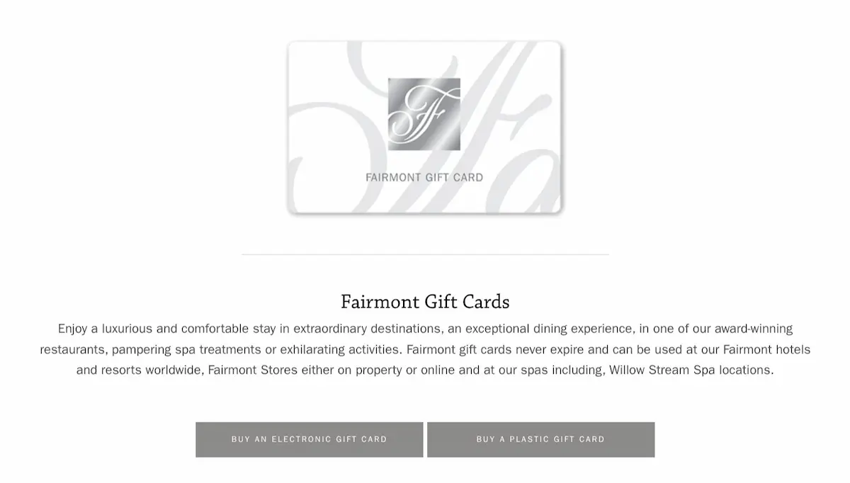 A Fairmont Gift Card—your ultimate hotel spa voucher—sits above a description detailing its use at Fairmont hotels, spas, shops, and worldwide locations, with buttons to purchase electronic or plastic gift cards.