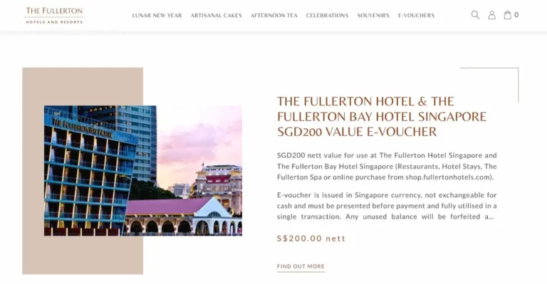 Screenshot of The Fullerton Hotel website featuring a SGD200 hotel spa voucher offer, with elegant hotel and city images on the left and detailed offer information on the right.