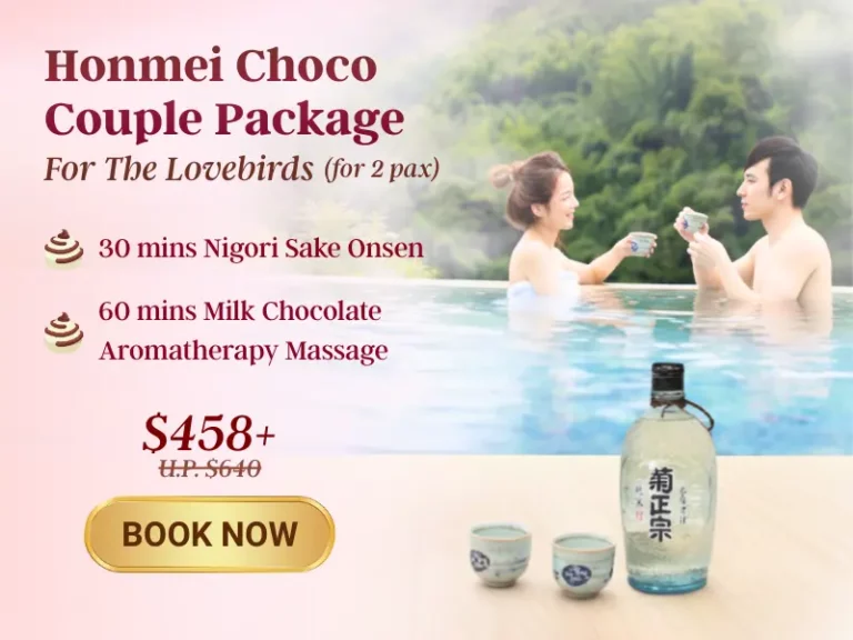 A couple enjoying an outdoor hot spring with sake; this Valentine spa promotion features a couples' choco package including onsen, massage, and sake, priced at £458 for two people.