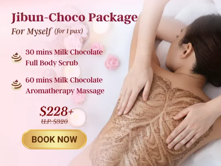 Woman enjoying a chocolate body scrub at a Valentine spa; text details a Jibun-Choco package with scrub and massage for £228+.