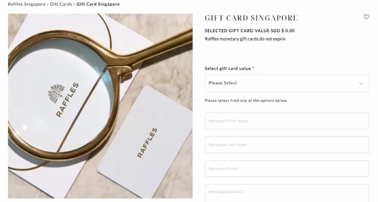 A gold magnifying glass rests on a white Raffles gift card and envelope. The right side displays a form for selecting and personalising a Raffles Singapore hotel spa voucher or gift card.