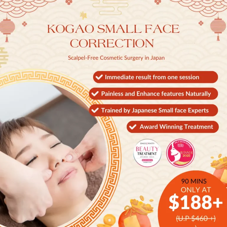A woman receives a facial treatment; text promotes "Kogao Small Face Correction," a scalpel-free cosmetic procedure in Japan with immediate results for £188+—now featuring a special Chinese New Year Facial Promotion.