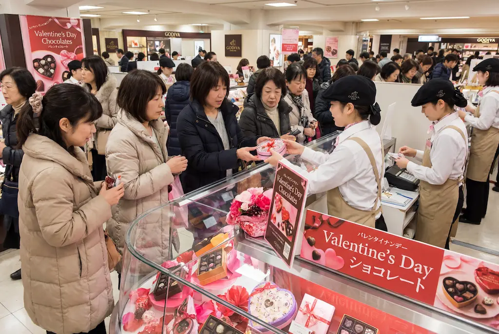 A group of people in a shop browse gifts, preparing for Valentine's Day in Japan.