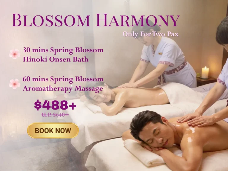 Two people receive massages in a spa setting. Text advertises a Spring spa promotion—Blossom Harmony package for two, including a Hinoki Onsen bath and aromatherapy massage for £488.