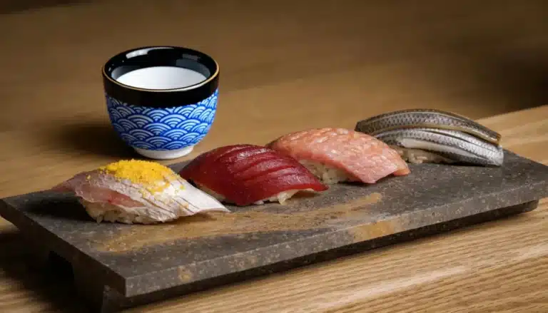 Four pieces of assorted nigiri sushi are arranged on a stone platter, with a cup of sake in a blue and white patterned cup in the background.