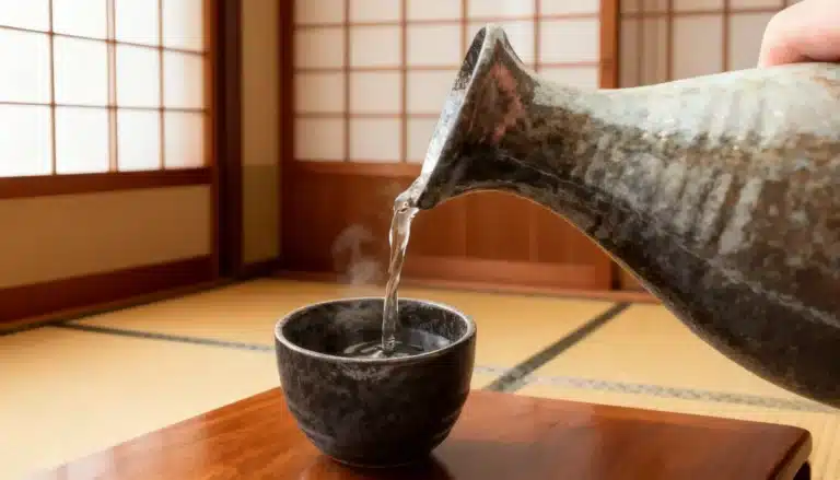 A person pours a steaming liquid from a ceramic flask into a matching cup on a wooden table in a traditional Japanese room.