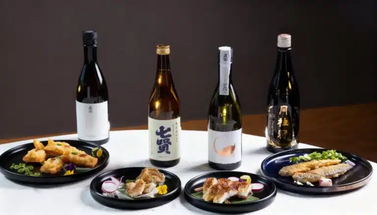 Three bottles of sake are placed behind four black plates of assorted Japanese dishes, including grilled fish, tempura, and dumplings, on a white table.