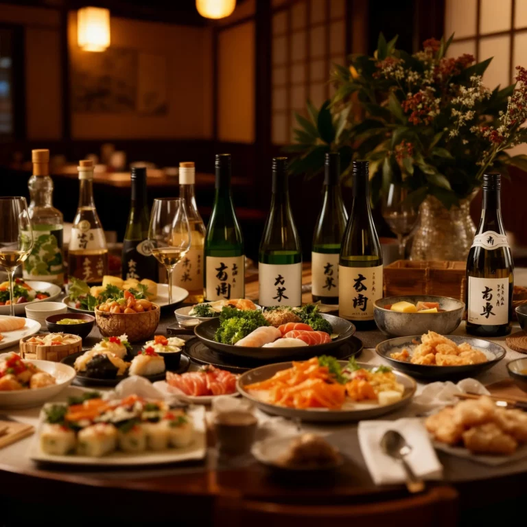 A variety of Japanese dishes and several bottles of sake are arranged on a wooden table in a warmly lit restaurant setting.