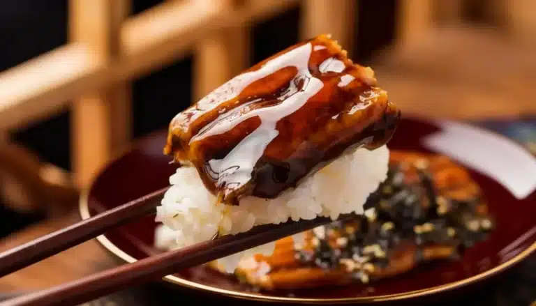 A piece of sushi with glazed eel held by chopsticks above a plate with more eel sushi in the background.