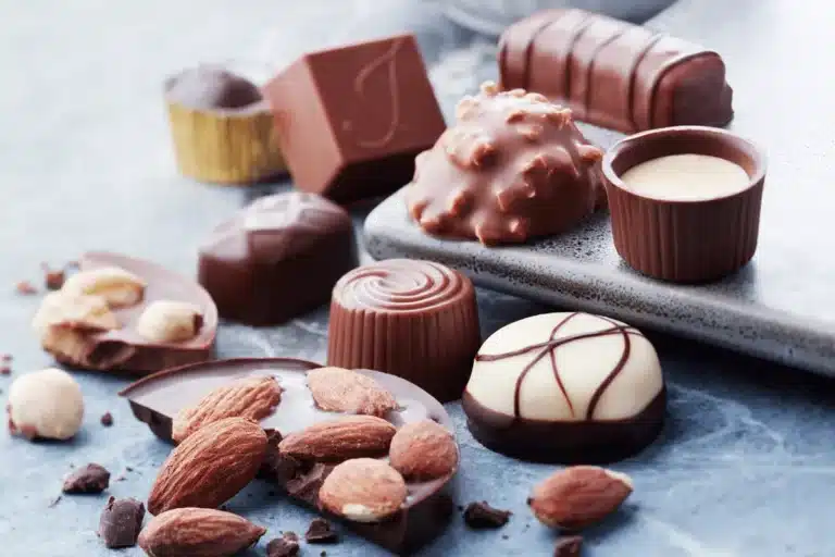 Assorted chocolates and pralines with nuts and cream fillings arranged on a grey surface, perfect for a delightful sake chocolate pairing experience.