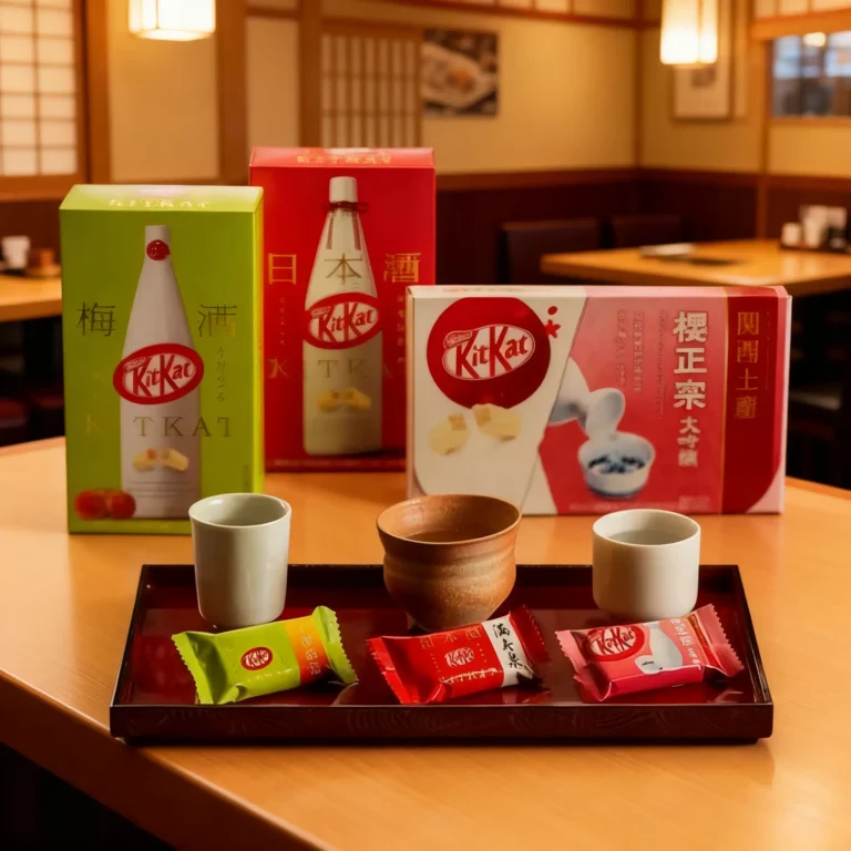 A tray with Japanese Kit Kat bars and ceramic cups on a table, highlighting sake Kit Kat and unique sake chocolate pairing options, with various flavours displayed in the background inside a restaurant setting.