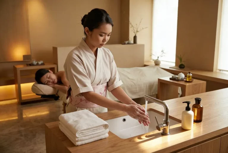A spa therapist washes hands at a basin, while a person relaxes on a massage table in the background. Towels and bottles are neatly arranged on the worktop.