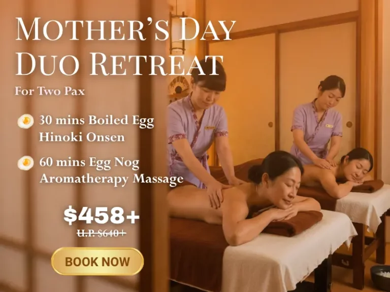 Two women enjoy massages from therapists in a serene spa room. Text promotes a Mother’s Day spa retreat package with two treatments at a special discounted price.