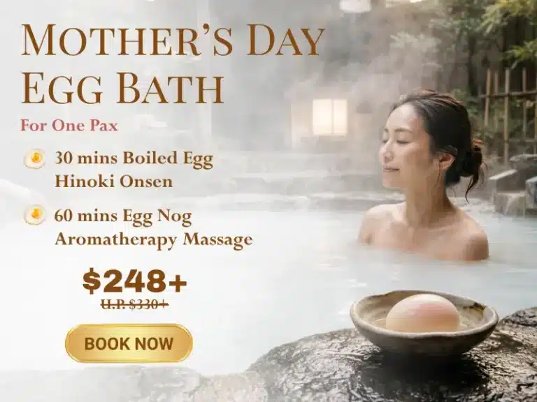 A woman relaxes in an outdoor hot spring with a large egg in the water—celebrate with our Mother’s Day spa egg bath and aromatherapy massage package for the perfect pampering retreat.