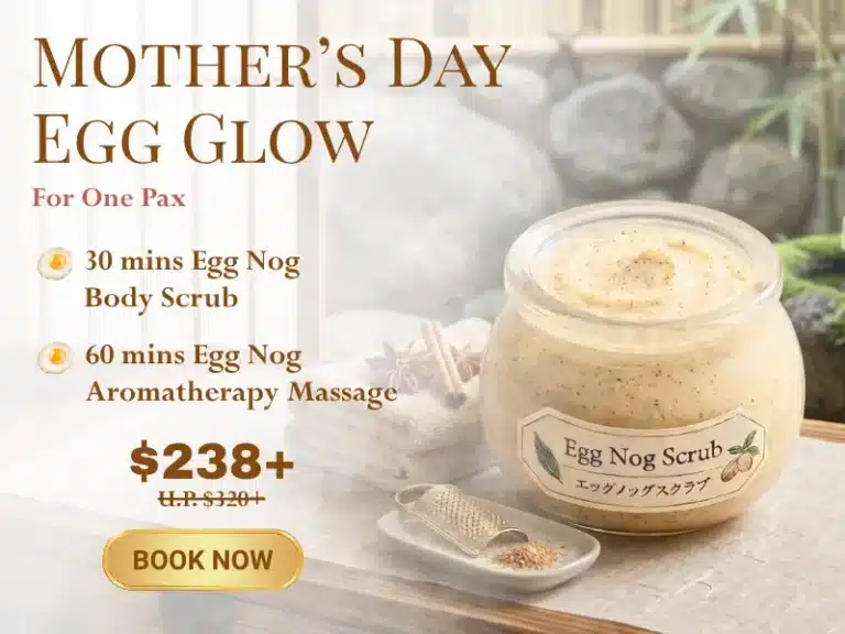A jar of egg nog scrub, a wooden spoon, and a loofah displayed with text promoting a Mother’s Day Spa package featuring a body scrub and aromatherapy massage for £238.