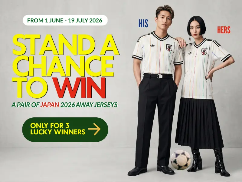 A man and woman in Japan 2026 away kits stand next to each other; text advertises a World Cup spa giveaway for three winners from 1 June to 19 July 2026.