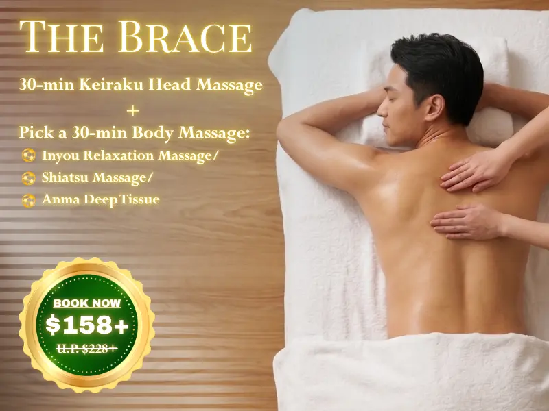 A man receives a back massage on a massage table at World Cup Spa; text promotes a 30-minute head massage and choice of body massage for £158+, discounted from £228+.