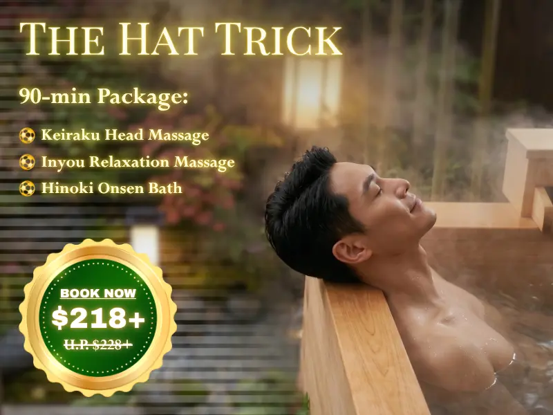 A man relaxes in a wooden bath at our World Cup spa. Enjoy "The Hat Trick" 90-minute package with massages and onsen bath for £218+, down from £228+.
