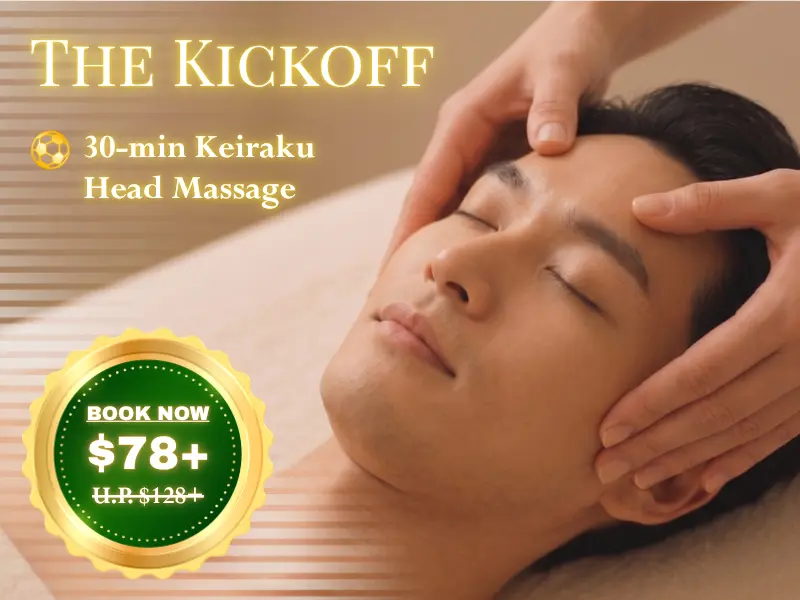 A person enjoys a relaxing head massage whilst lying down. Text on image promotes a 30-minute Keiraku Head Massage at the World Cup spa for £78+, reduced from £128+.