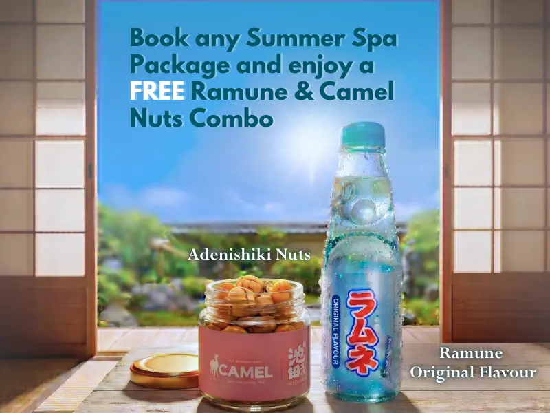 Jar of Camel nuts and a bottle of Ramune drink on a table, with text highlighting a free combo as part of our exclusive summer spa promotion with any package booking.
