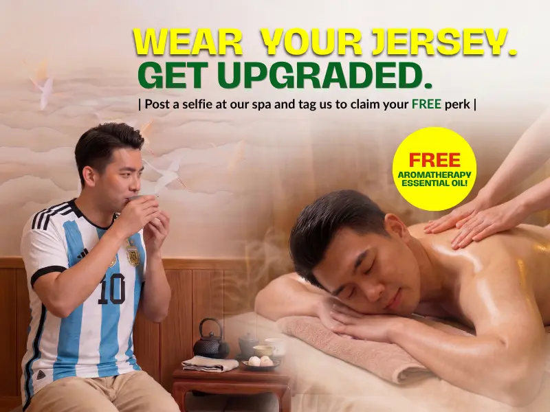 A man in a football shirt drinks tea, then enjoys a back massage; text promotes a free aromatherapy essential oil perk for sharing your world cup spa selfie in a shirt.