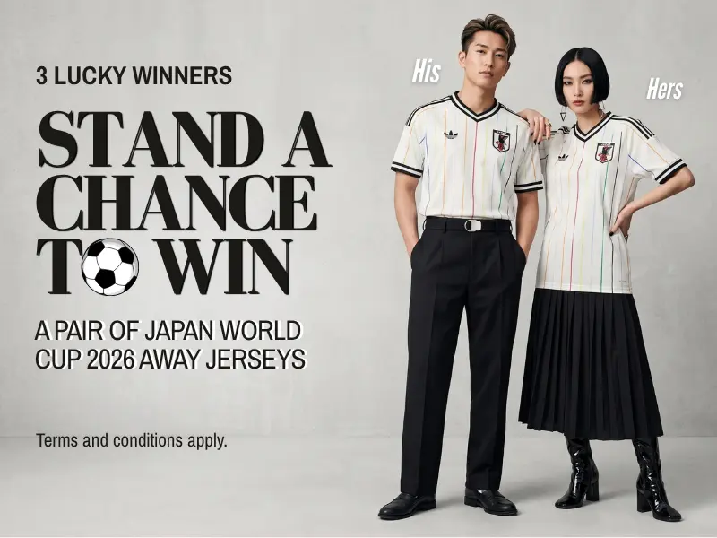 A man and woman wear matching Japan World Cup 2026 away shirts beside text promoting a chance to win a "His" and "Hers" pair—perfect for cheering or enjoying a world cup spa day together.