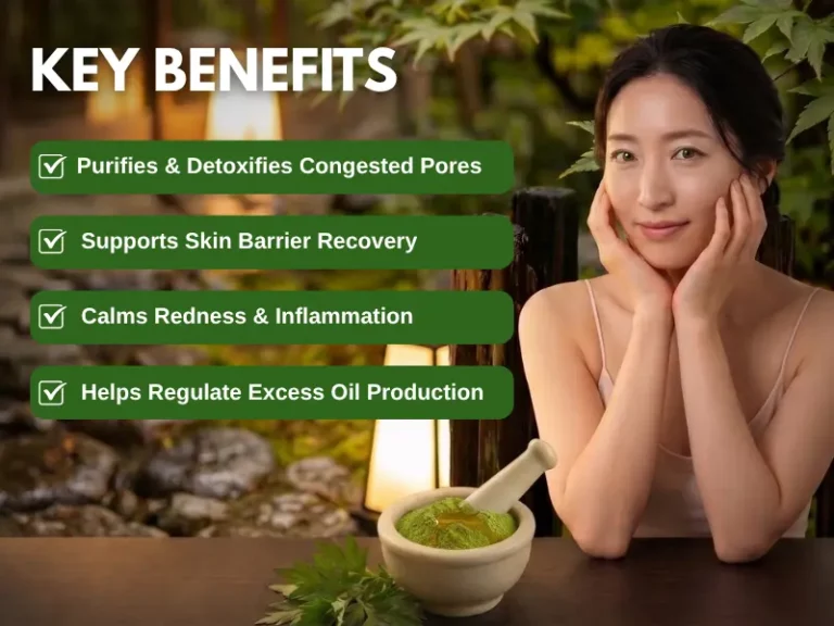 A woman sits at a table with a mortar and pestle; text lists deep cleansing acne facial benefits: purifies pores, supports barrier recovery, calms redness, and regulates oil production.
