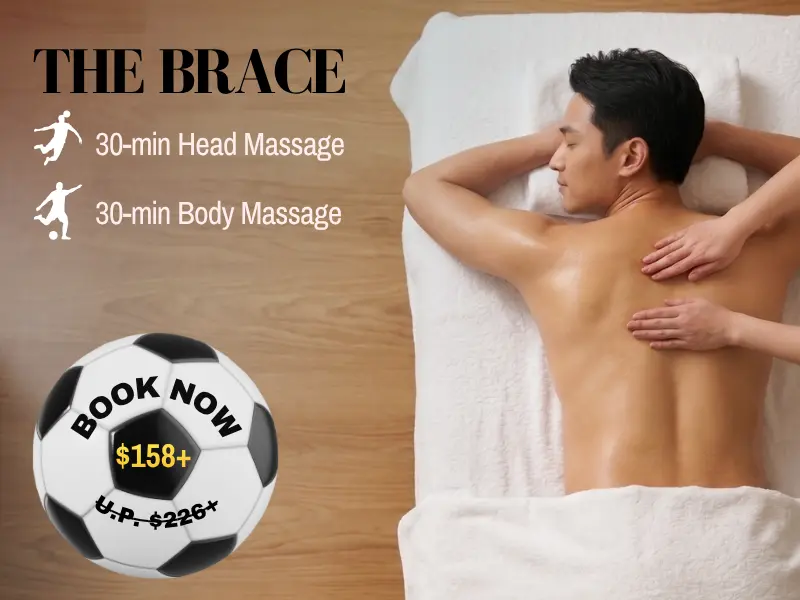 A man lies face down on a massage table receiving a back massage. Text offers a 30-min head and body massage for £158+, with a football graphic promoting the World Cup Spa deal.