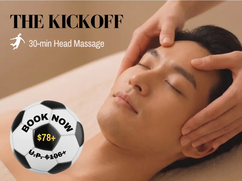 A person receives a head massage at the World Cup Spa; text advertises a 30-minute session called "The Kickoff" for just £78+, down from £106+.