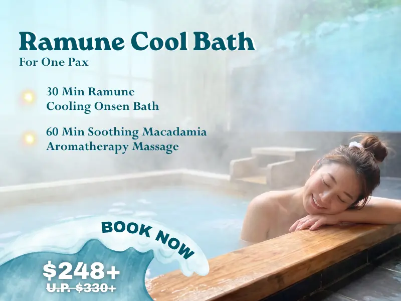 Woman relaxing in an outdoor onsen bath with text promoting a special summer spa offer: Enjoy a 30-minute bath and 60-minute aromatherapy massage package for £248, reduced from £330.